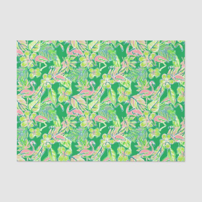 Papier Mousseline Preppy Palm Beach Imprimer Flamants roses rose et  (Recto)