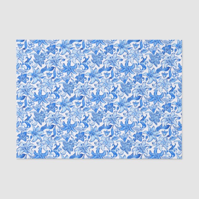 Papier Mousseline Preppy Palm Beach Imprimer Fleurs bleues et blanch (Recto)