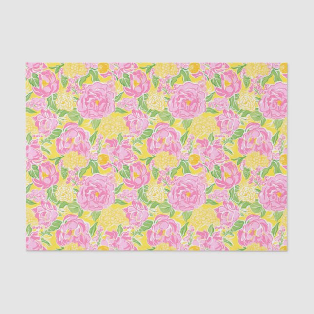 Papier Mousseline Preppy Palm Beach Imprimer Fleurs rose et jaune (Recto)