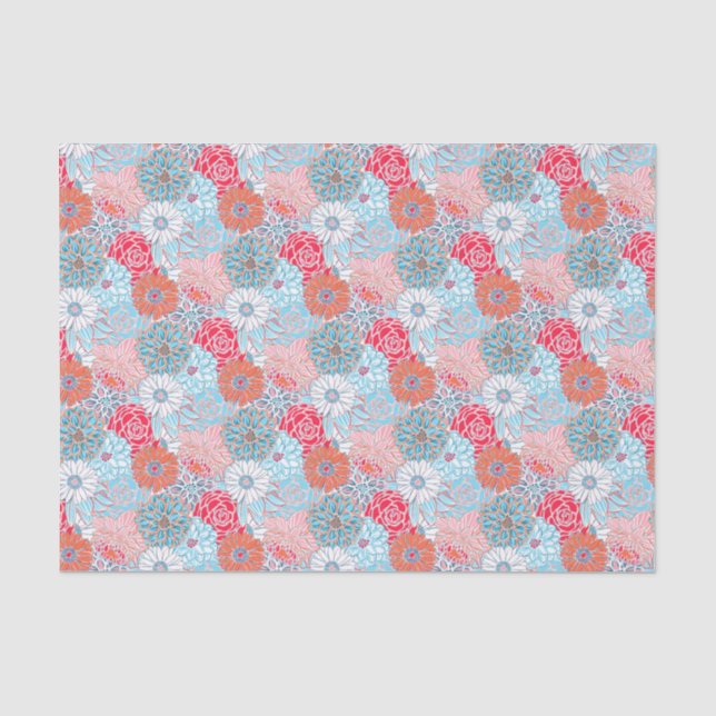 Papier Mousseline Preppy Palm Beach Imprimer Fleurs Turquoises et ro (Recto)