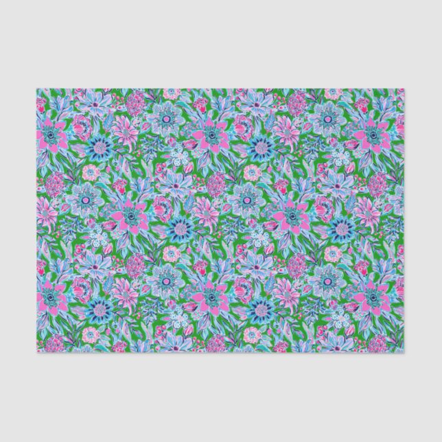 Papier Mousseline Preppy Palm Beach Imprimer rose et vert Fleurs (Recto)