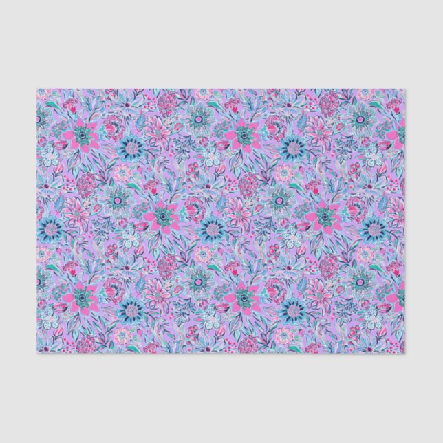 Papier Mousseline Preppy Palm Beach Print Lavender et Fleurs roses (Recto)