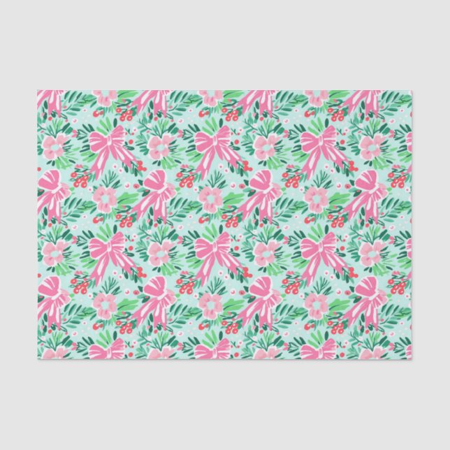 Papier Mousseline Preppy Rose & Green Christmas Bows & Garland (Recto)