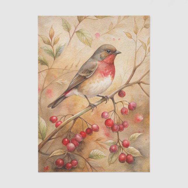 Papier Mousseline Pretty Bird Perched on a Branch with Red Berries (Recto)