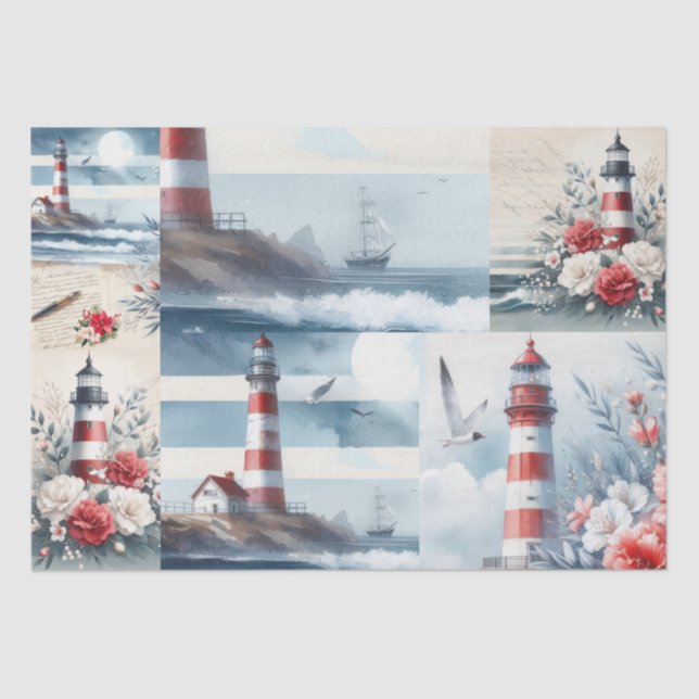 Papier Mousseline Pretty Coastal Christmas Lighthouse Collage  (Recto)