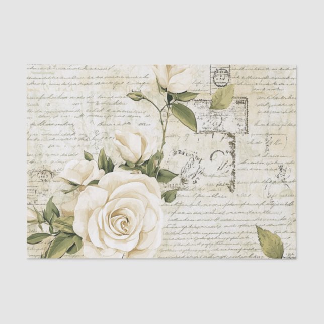 Papier Mousseline Pretty Ivory Roses with Simulated Text and Stamps (Recto)