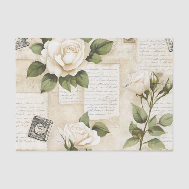 Papier Mousseline Pretty Ivory Roses with Simulated Text and Stamps (Recto)