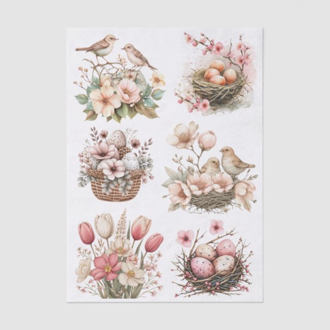 Papier Mousseline Pretty Pastel Pink Flowers, Birds, Nests and Eggs (Recto)