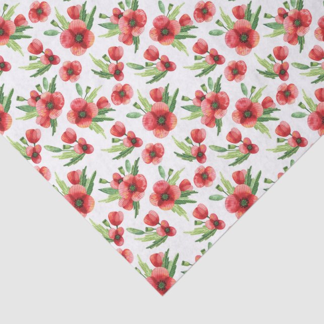 Papier Mousseline Pretty Watercolor Red Poppies Wildflowers (Détail)