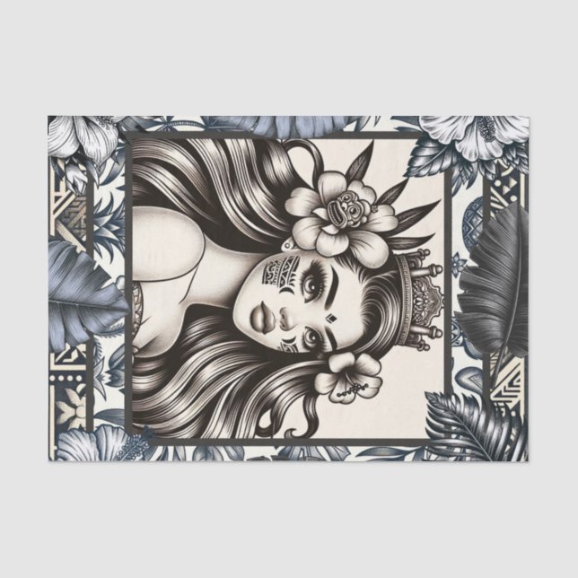 Papier Mousseline Princesse polynésienne Bleu Floral Tribal (Recto)