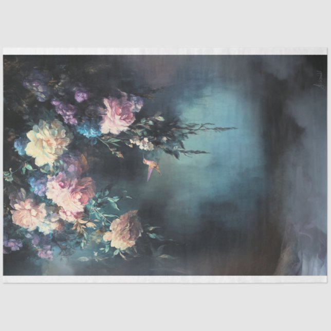 Papier Mousseline Promenade du soir, Oiseau de Humming et fleurs éth (Recto)