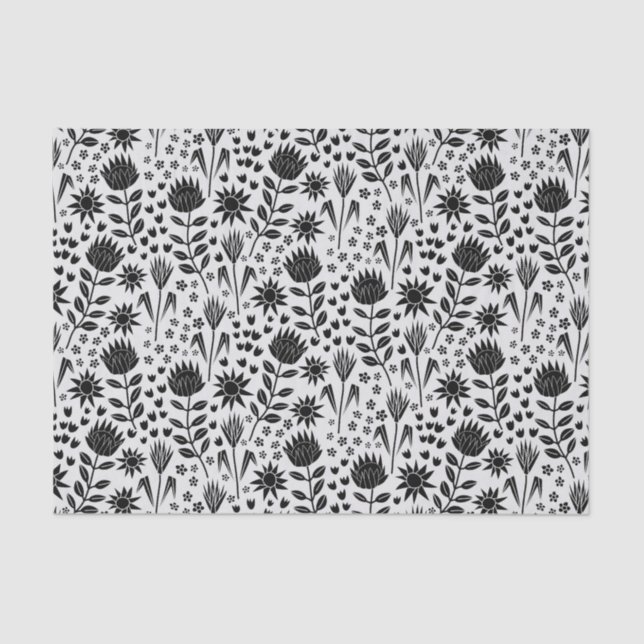 Papier Mousseline Protea Floral Block Imprimer Millefleur noir blanc (Recto)