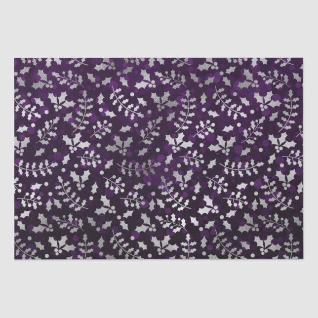 Papier Mousseline Purple Bokeh et Silver Foil Christmas Holly (Recto)