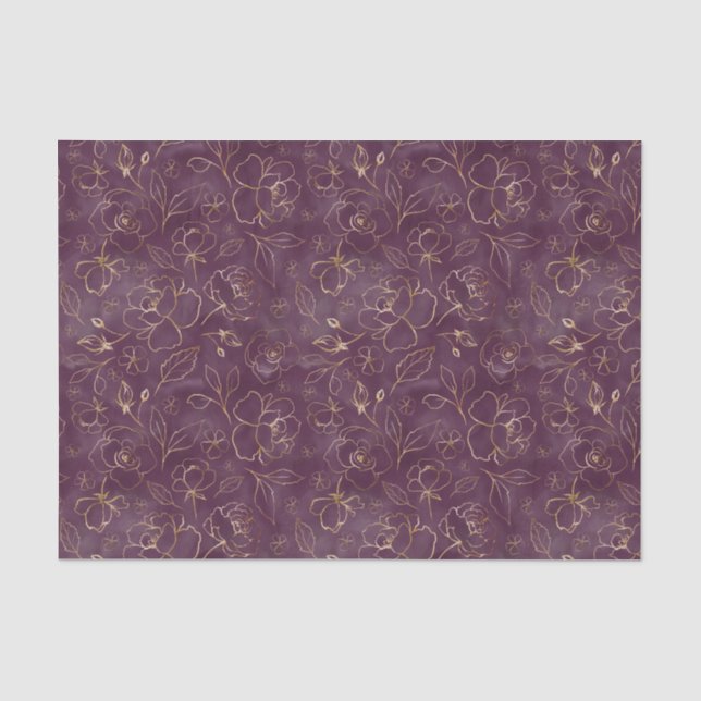 Papier Mousseline Purple foncé avec Rose croqués d'or papier de tiss (Recto)