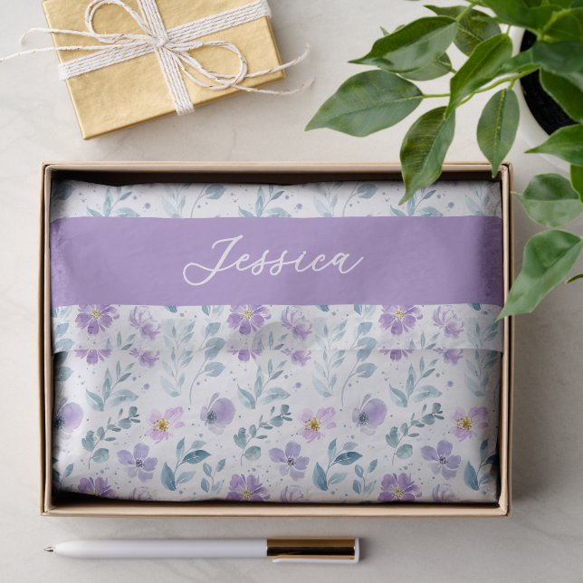 Papier Mousseline Purple Green Watercolor Wildflower Name (Cadeau)