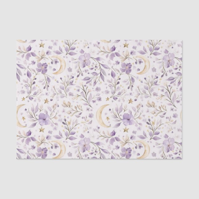 Papier Mousseline Purple White Moons & Stars Floral Baby Shower (Recto)