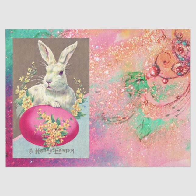 PAPIER MOUSSELINE RABIT BLANC AVEC OEUF DE PÂQUES ET FLEURS DE PRINT (Recto)