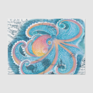Papier Mousseline Rainbow Octopus Blue Vintage Map Marine nautique