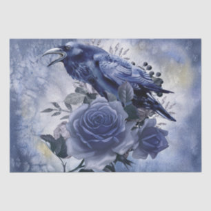 Papier Mousseline Raven Bird Blue Rose Whimsical Decoupage