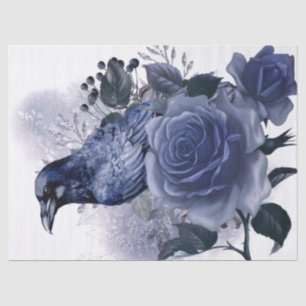 Papier Mousseline Raven Bird Blue Rose Whimsical Decoupage