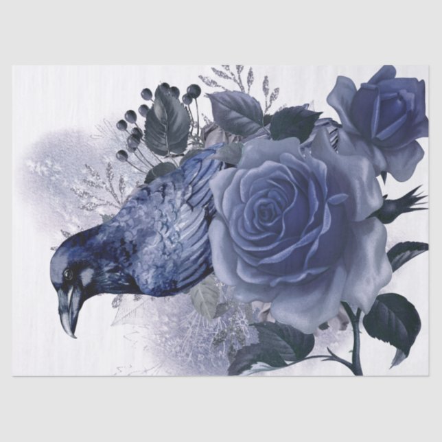 Papier Mousseline Raven Bird Blue Rose Whimsical Decoupage (Recto)