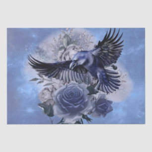 Papier Mousseline Raven Bird Blue Rose Whimsical Decoupage