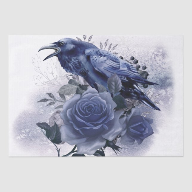 Papier Mousseline Raven Bird Blue Rose Whimsical Decoupage (Recto)