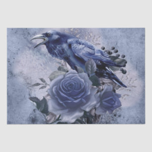 Papier Mousseline Raven Bird Blue Rose Whimsical Decoupage