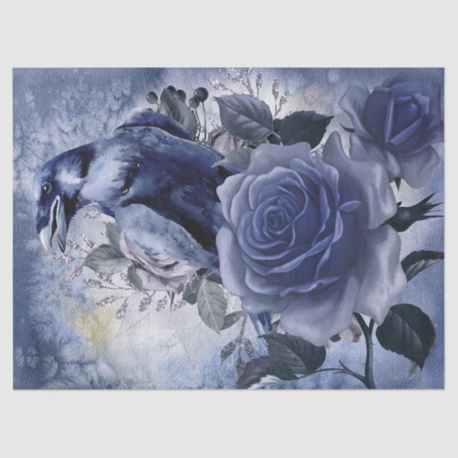 Papier Mousseline Raven Bird Blue Rose Whimsical Decoupage (Recto)