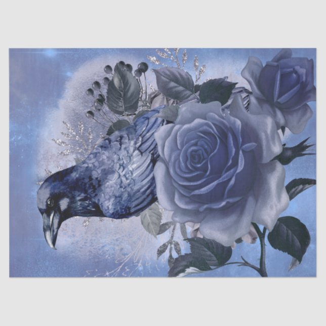 Papier Mousseline Raven Bird Blue Rose Whimsical Decoupage (Recto)
