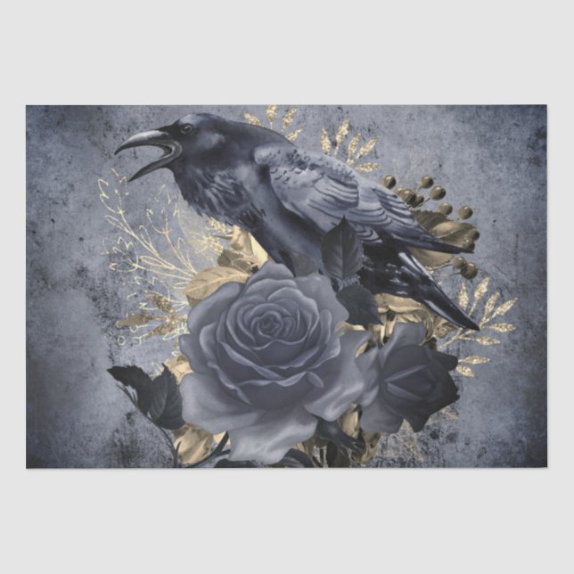 Papier Mousseline Raven Bird Gold Blue/Black Rose Whimsical (Recto)