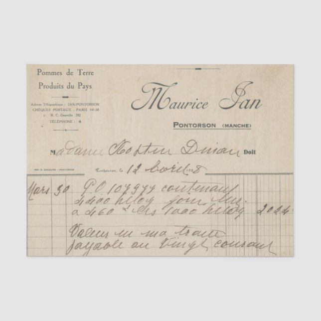 Papier Mousseline Réception vintage en français (Recto)