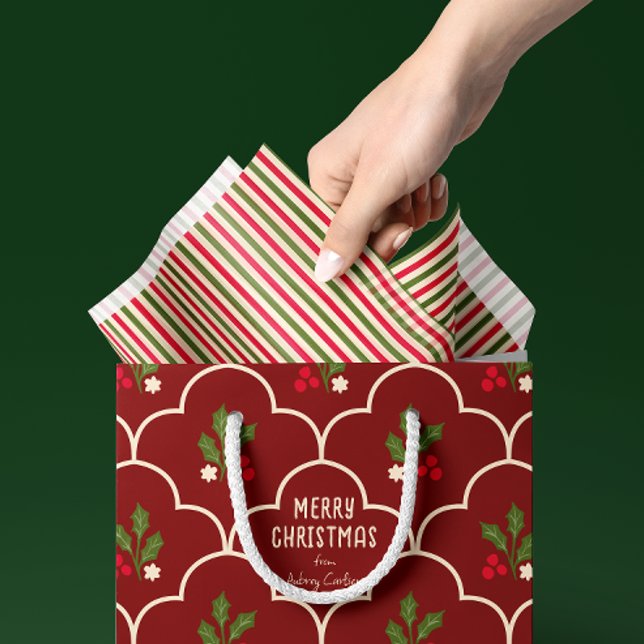 Papier Mousseline Red and Forest Green Stripes (Traditional Christmas style red, forest green, and ivory striped tissue paper for gift bags and more)