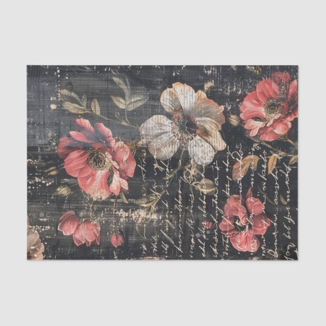 Papier Mousseline Red and White Poppies and Text on Black BG Tissue (Recto)