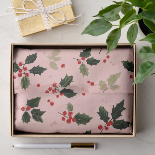 Papier Mousseline Red berries and holly on pink (Cadeau)
