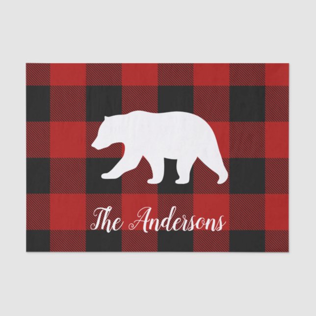 Papier Mousseline Red Buffalo Plaid & Bear | Nom personnel Cadeau (Recto)