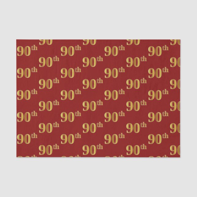 Papier Mousseline Red, Faux Gold 90th (Ninetieth) Event Tissue Paper (Recto)