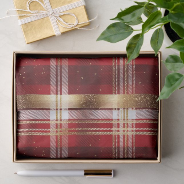 Papier Mousseline Red Gold Christmas Tartan Pattern#7 ID1009 (Cadeau)