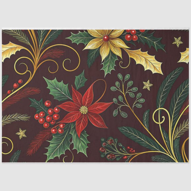 Papier Mousseline Red Gold Green Christmas Florals Decoupage  (Recto)