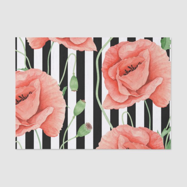 Papier Mousseline Red Poppies Black Stripes Chic (Recto)