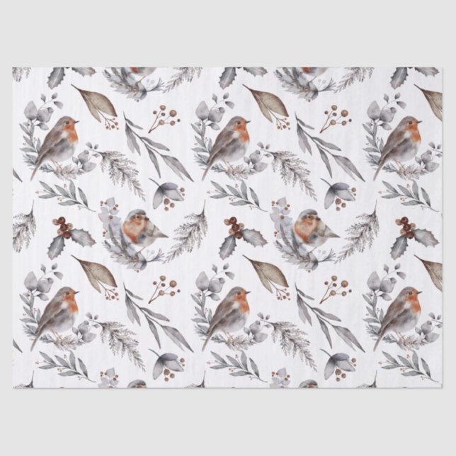 Papier Mousseline Red Robin Aquarelle Botanique Noël (Recto)