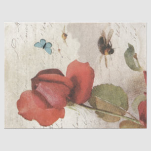 Papier Mousseline Red Rose Bumblebee French Script Butterfly Vintage