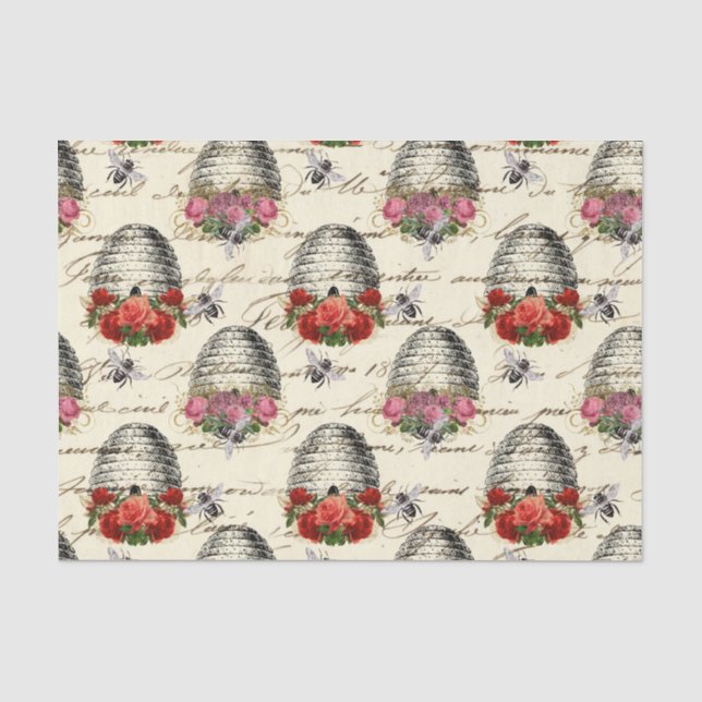 Papier Mousseline Regal Queen Bee, Beehive & Red Roses  (Recto)