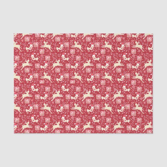 Papier Mousseline Reindees & oiseaux papier de tissu rouge de Noël (Recto)