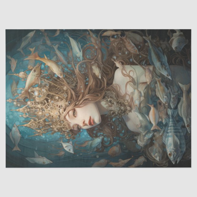 Papier Mousseline Reine Sirène Et Poissons Sous La Mer (Recto)
