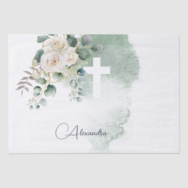 Papier Mousseline Religieux Elegant Rose Croix verte personnelle (Recto)