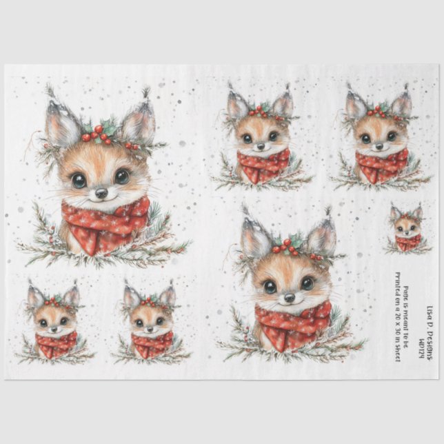 Papier Mousseline Renard boisé de Noël et feuillage (Recto)