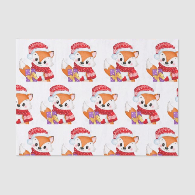 Papier Mousseline Renard de Noël avec cadeau pourpre (Recto)