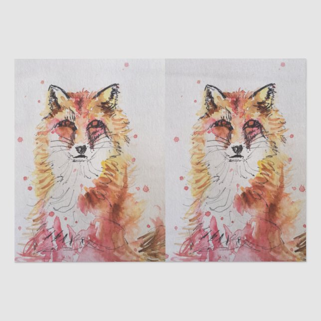 Papier Mousseline Renard mignon rouge Aquarelle Peinture Art Tissu (Recto)