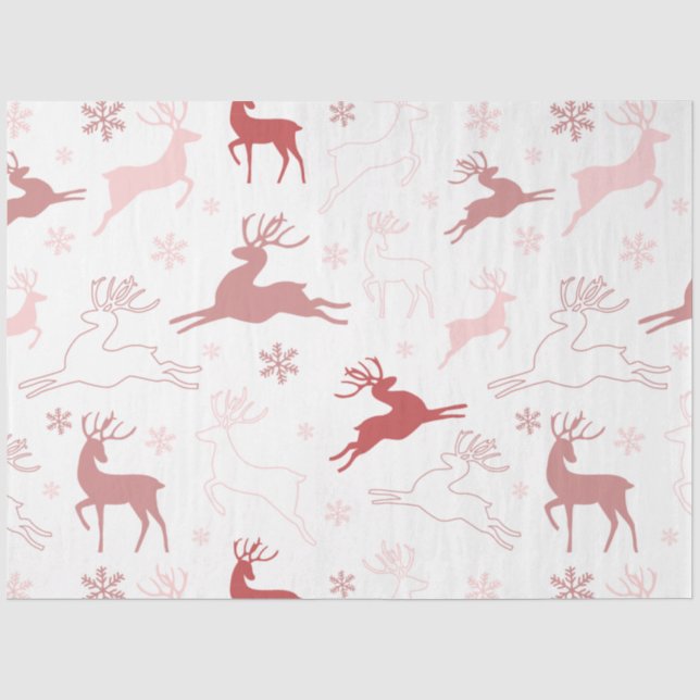 Papier Mousseline Rennes et flocons de neige rose Brown blanc Noël (Recto)